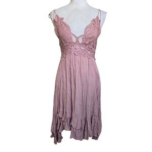 Free People Women's Adella Crochet Lace Pink Mini Dress Adjustable Straps XS‎